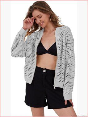 Zip Up Crochet Cardigan Sweater Oversized Long Sleeve Hollow Out Knit Bomber